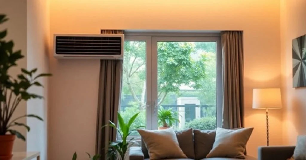 Modern air conditioner in a cosy living room setting.